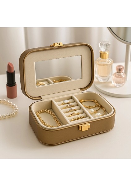 Deri Mini Seyahat Takı Bijuteri Mücevher Kutusu Organizer Düzenleyici 15CM Bronz Ithal Ürün
