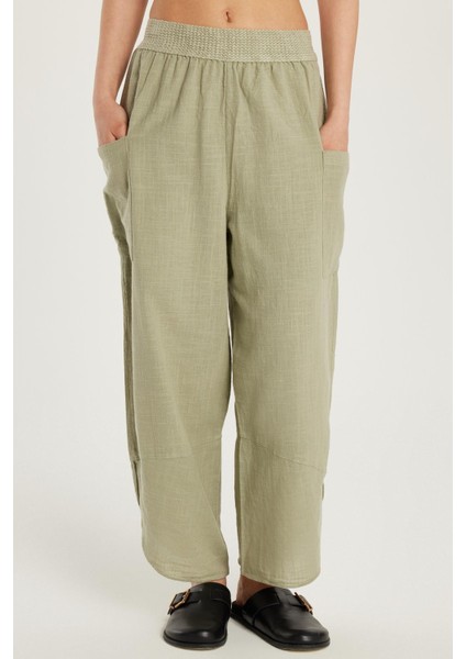 Kadın Relax Fit Rahat Kesim Beli Lastikli %100 Pamuk Bol Paça haki Pantolon