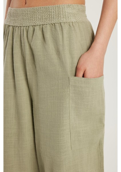 Kadın Relax Fit Rahat Kesim Beli Lastikli %100 Pamuk Bol Paça haki Pantolon fiyatları