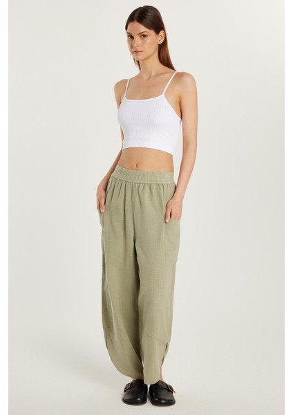 Kadın Relax Fit Rahat Kesim Beli Lastikli %100 Pamuk Bol Paça haki Pantolon modelleri