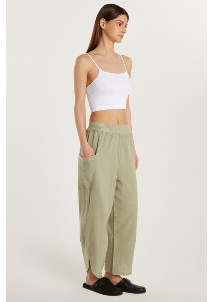 Kadın Relax Fit Rahat Kesim Beli Lastikli %100 Pamuk Bol Paça haki Pantolon fırsatları