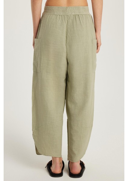 Kadın Relax Fit Rahat Kesim Beli Lastikli %100 Pamuk Bol Paça haki Pantolon indirimleri