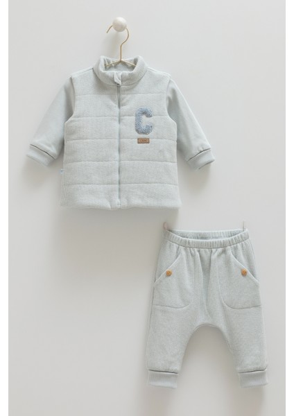 03-18 Ay Triko Penye Astarlı Yelekli Üçlü Takım - Mavi