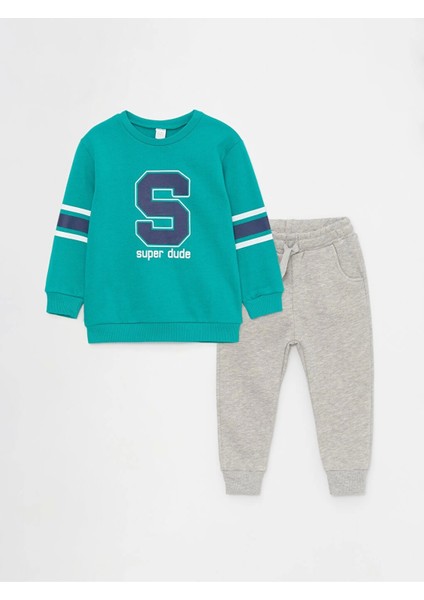 Lcw Baby Yeşil Bisiklet Yaka Baskılı Erkek Bebek Sweatshirt ve Eşofman Alt 2'li