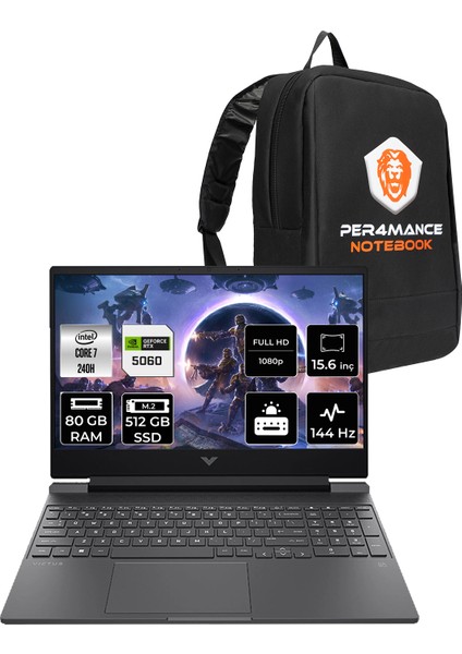 Victus 15 Intel Core 7 240H 80GB 512GB SSD RTX5060/8GB 15.6" Fhd 144Hz Fdos Taşınabilir Bilgisayar & Per4 Çanta BV7W9EAPN344