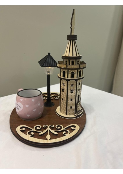 El Yapımı Ahşap Işıklı Sokak Lambalı Galata Kulesi Kahve Sunumluğu
