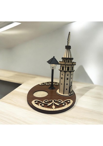 El Yapımı Ahşap Işıklı Sokak Lambalı Galata Kulesi Kahve Sunumluğu fiyatları