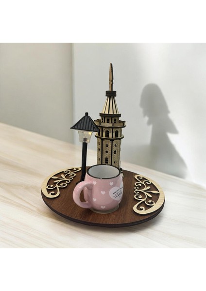 El Yapımı Ahşap Işıklı Sokak Lambalı Galata Kulesi Kahve Sunumluğu modelleri