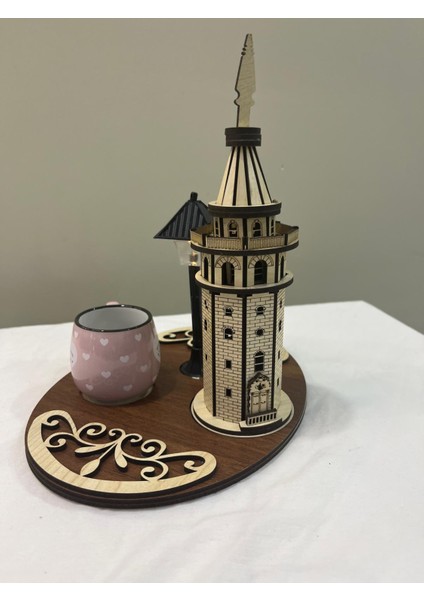 El Yapımı Ahşap Işıklı Sokak Lambalı Galata Kulesi Kahve Sunumluğu fırsatları