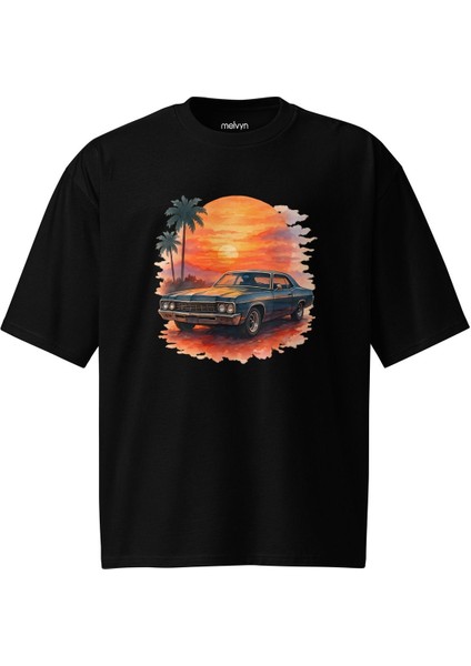 Sunset Cruise – Güneş Batımı ve Klasik Araba Baskılı Unisex Oversize Tişört fiyatları
