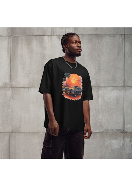 Sunset Cruise – Güneş Batımı ve Klasik Araba Baskılı Unisex Oversize Tişört modelleri