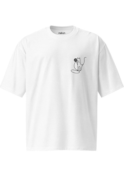Playful Çizgili Kedi Desenli Unisex Oversize Tişört