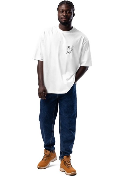 Playful Çizgili Kedi Desenli Unisex Oversize Tişört modelleri