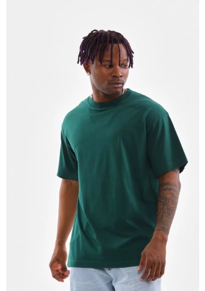 Unisex Oversize Düz Bisiklet Yaka T-Shirt - Koyu Yeşil fiyatları