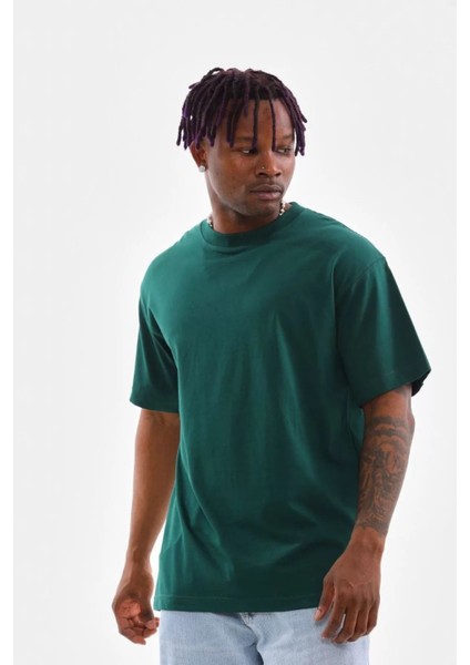 Unisex Oversize Düz Bisiklet Yaka T-Shirt - Koyu Yeşil fırsatları