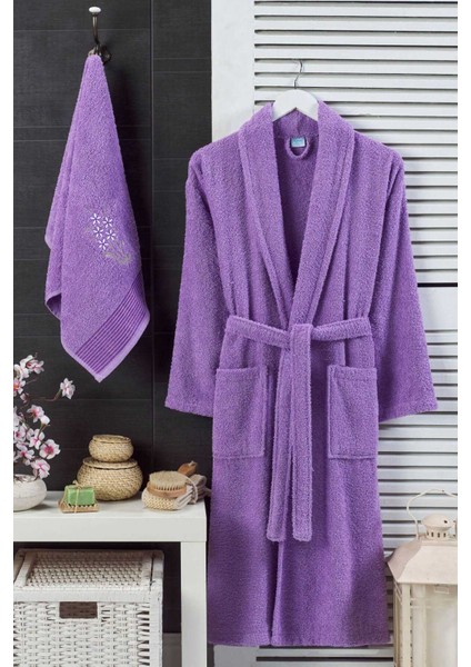 Kadın Havlulu Banyo Bornoz Takımı &#37;100 Pamuklu Lavanta - L-Xl