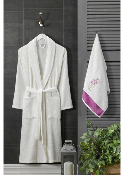 Kadın Havlulu Banyo Bornoz Takımı &#37;100 Pamuklu Beyaz - L-Xl