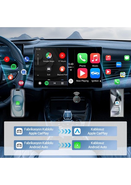 Kablosuz Carplay Android Auto Kabloludan Kablosuza Çevirici USB ve Type-C Adaptör indirimleri