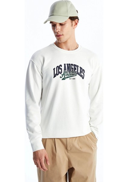 Lcw Casual Ekru Bisiklet Yaka Uzun Kollu Baskılı Erkek Sweatshirt