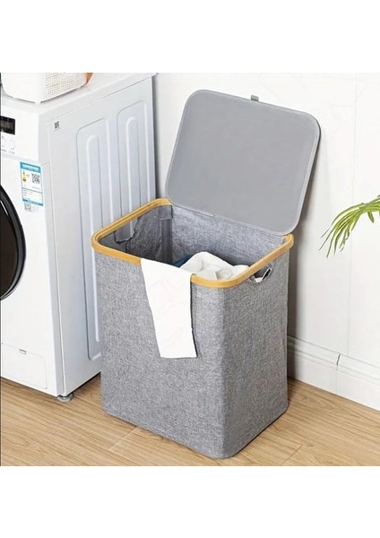 60 Lt Katlanır Kumaş Bambu Çamaşır Sepeti Içi Fileli Kirli Çamaşır Sepeti