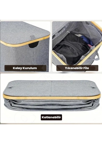 60 Lt Katlanır Kumaş Bambu Çamaşır Sepeti Içi Fileli Kirli Çamaşır Sepeti