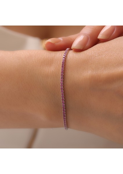 925 Ayar Gümüş Fuşya Zirkon Taşlı Şık Ayarlanabilir Suyolu Bileklik