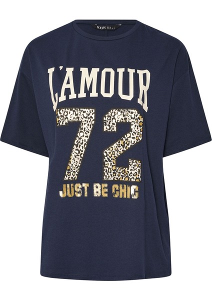 Büyük Beden Kısa Kollu Bisiklet Yaka Metalik Baskılı T-Shirt 304180