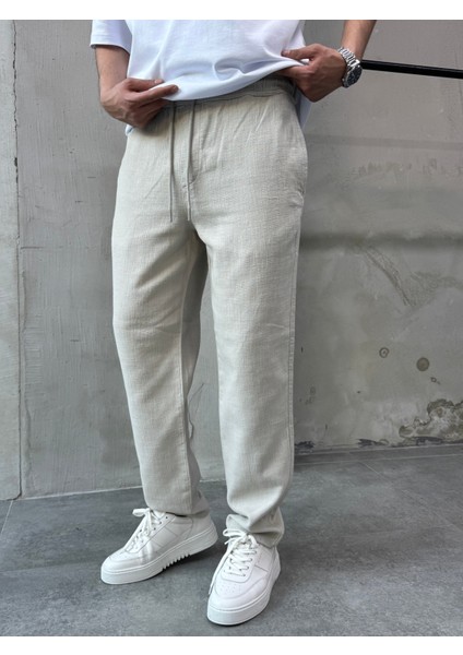 Bej Relaks Fit Rahat Kesim Keten Pantolon