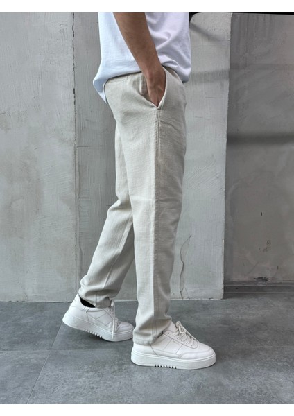 Bej Relaks Fit Rahat Kesim Keten Pantolon modelleri