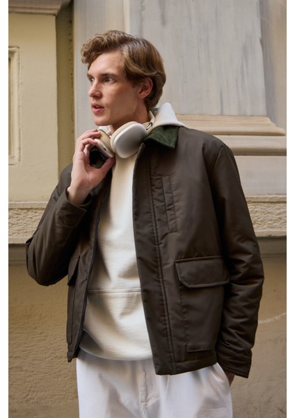 Erkek Kontrast Yakalı Mont Ceket Haki