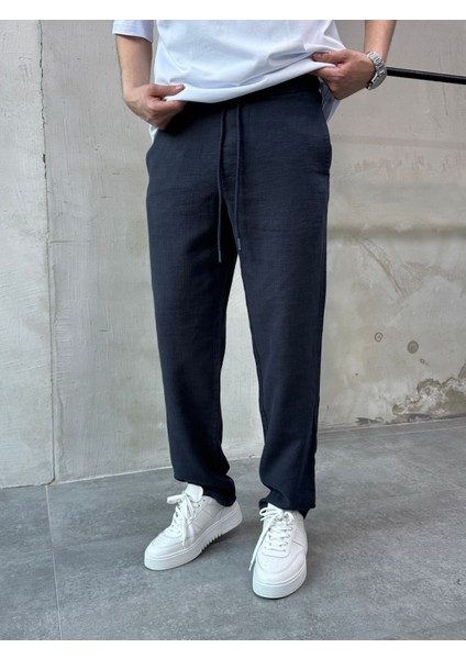 Lacivert Relaks Fit Rahat Kesim Keten Pantolon