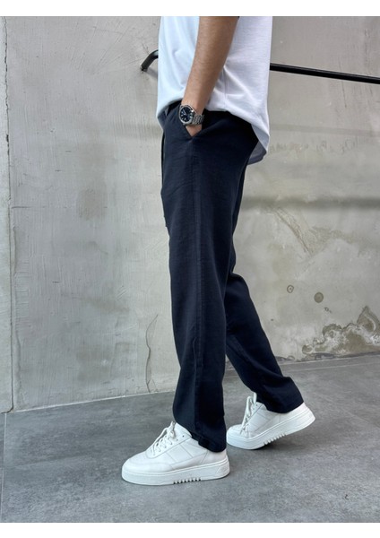 Lacivert Relaks Fit Rahat Kesim Keten Pantolon modelleri