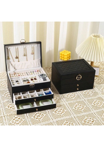 Kullanışlı Çok Katlı Takı Mücevher Kutusu - Kilitli, Bölmeli, Deri Kaplama