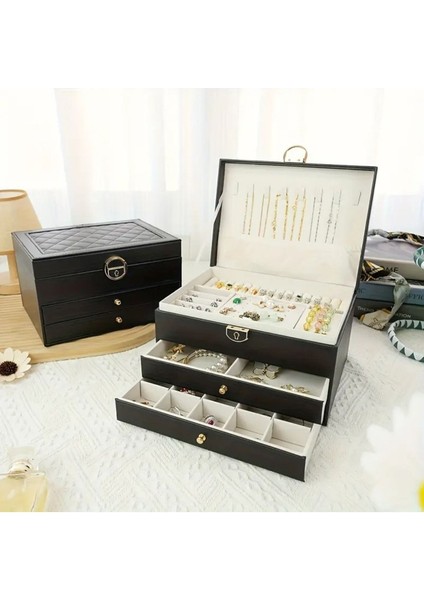Kullanışlı Çok Katlı Takı Mücevher Kutusu - Kilitli, Bölmeli, Deri Kaplama