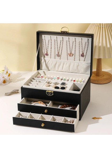 Kullanışlı Çok Katlı Takı Mücevher Kutusu - Kilitli, Bölmeli, Deri Kaplama