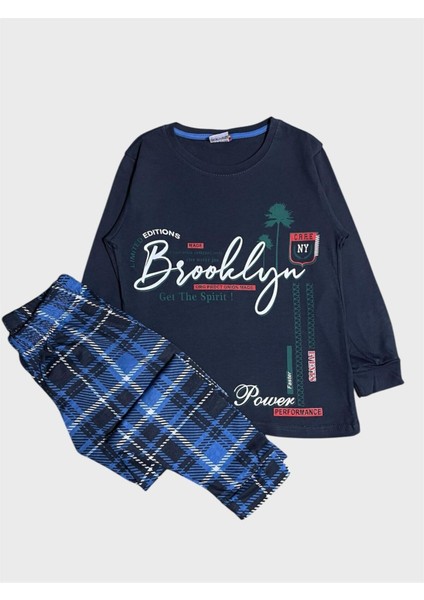Erkek Çocuk %100 Pamuklu Füme Brooklyn Yazı Desenli Altı Ekose Uzun Kollu Mevsimlik Pijama Takımı