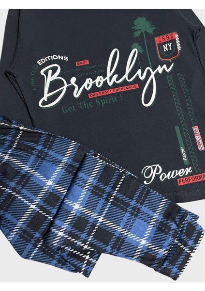 Erkek Çocuk %100 Pamuklu Füme Brooklyn Yazı Desenli Altı Ekose Uzun Kollu Mevsimlik Pijama Takımı fiyatları