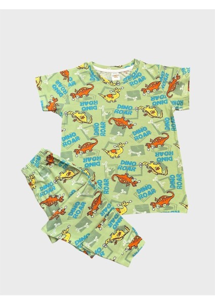 Erkek Çocuk %100 Pamuklu Yeşil Dinozor Desenli Kısa Kollu Yazlık Pijama Takımı