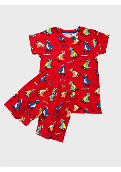 Erkek Çocuk %100 Pamuklu Kırmızı Dinozor Desenli Kısa Kollu Şortlu Yazlık Pijama Takımı