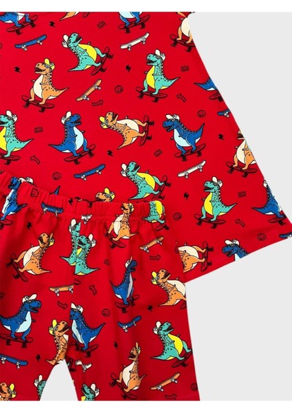 Erkek Çocuk %100 Pamuklu Kırmızı Dinozor Desenli Kısa Kollu Şortlu Yazlık Pijama Takımı fiyatları
