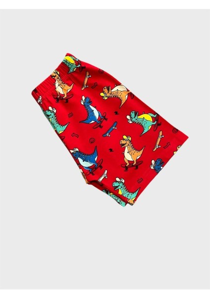Erkek Çocuk %100 Pamuklu Kırmızı Dinozor Desenli Kısa Kollu Şortlu Yazlık Pijama Takımı fırsatları