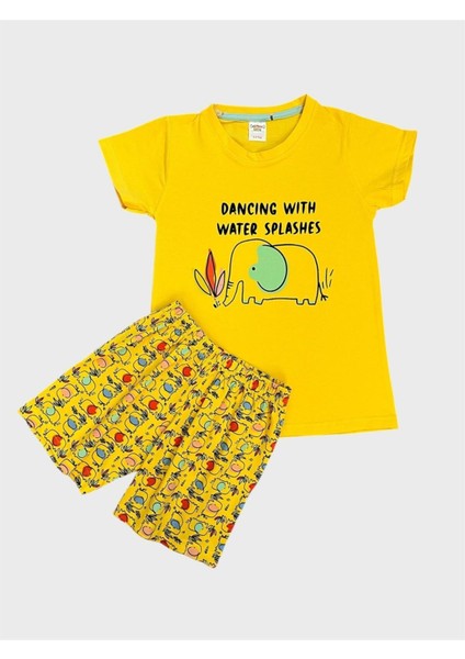 Erkek Çocuk %100 Pamuklu Sarı Fil Desenli Kısa Kollu Şortlu Yazlık Pijama Takımı