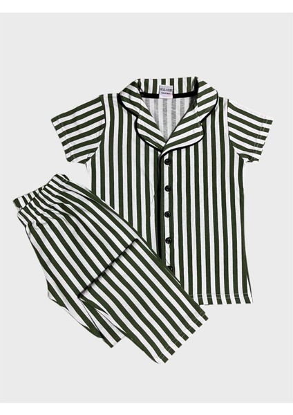 Erkek Çocuk %100 Pamuklu Yeşil Çizgili Gömlek Yaka Düğmeli Kısa Kollu Yazlık Pijama Takımı