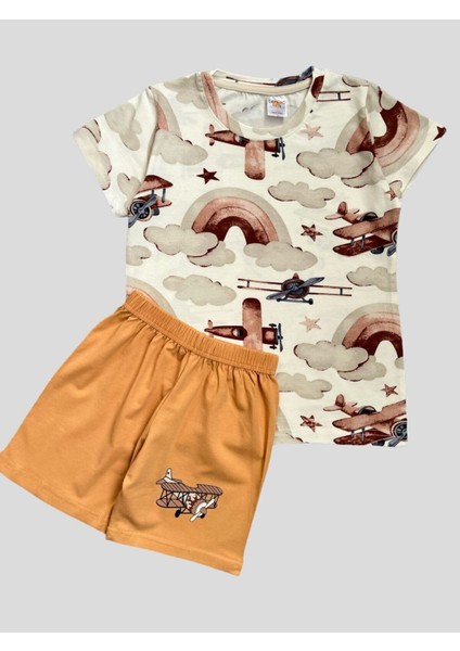 Erkek Çocuk %100 Pamuklu Uçak Bulut Desenli Kısa Kollu Şortlu Yazlık Pijama Takımı