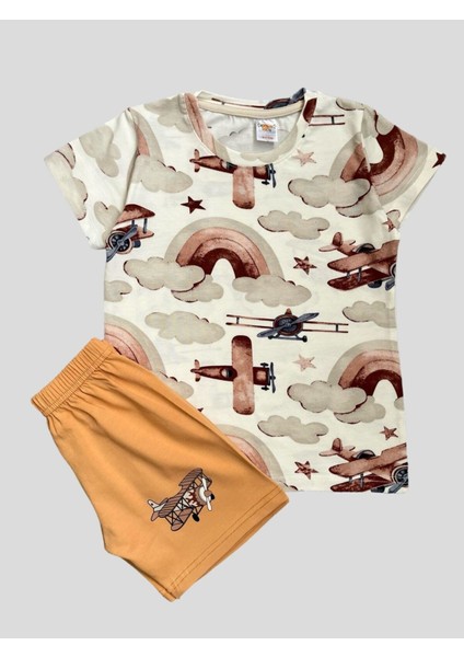 Erkek Çocuk %100 Pamuklu Uçak Bulut Desenli Kısa Kollu Şortlu Yazlık Pijama Takımı fiyatları
