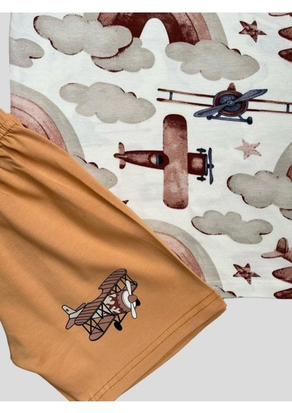 Erkek Çocuk %100 Pamuklu Uçak Bulut Desenli Kısa Kollu Şortlu Yazlık Pijama Takımı modelleri