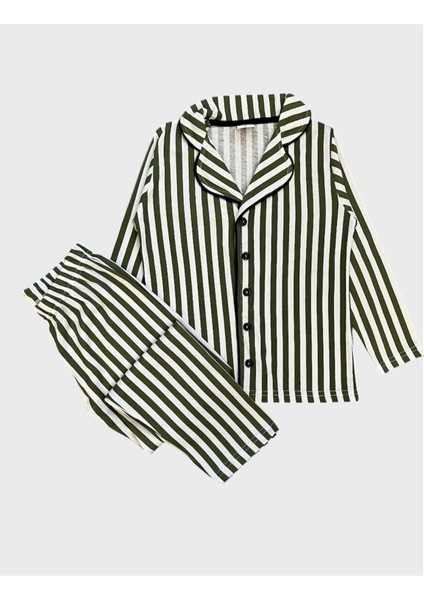Erkek Çocuk %100 Pamuklu Yeşil Çizgili Desen Gömlek Yaka Boydan Düğmeli Uzun Kollu Pijama Takımı