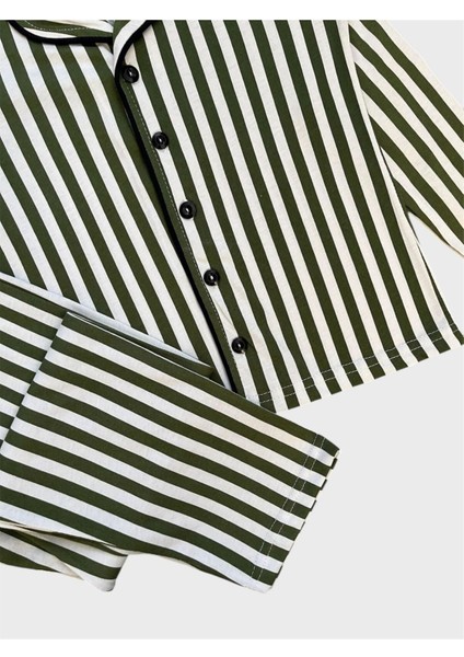 Erkek Çocuk %100 Pamuklu Yeşil Çizgili Desen Gömlek Yaka Boydan Düğmeli Uzun Kollu Pijama Takımı fiyatları
