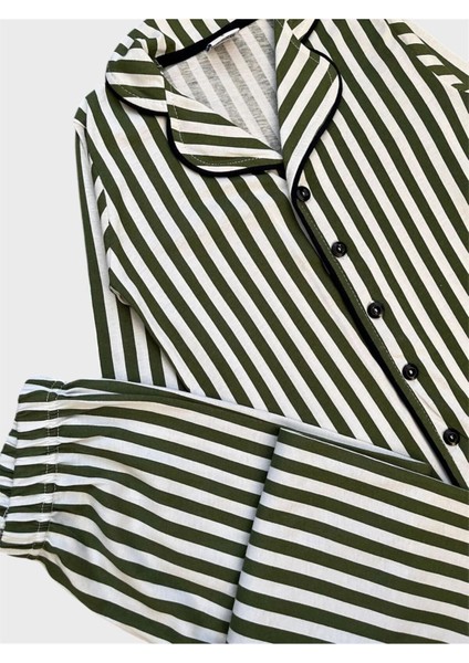Erkek Çocuk %100 Pamuklu Yeşil Çizgili Desen Gömlek Yaka Boydan Düğmeli Uzun Kollu Pijama Takımı modelleri