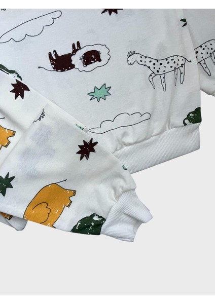 Erkek Çocuk Pamuklu Beyaz Safari Aslan Fil Desenli Uzun Kollu Mevsimlik Pijama Takımı fiyatları